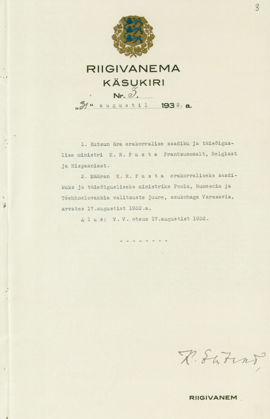 Riigivanem Eenpalu kutsub Karl Robert Pusta tagasi Prantsusmaalt, Belgiast ja Hispaaniast.