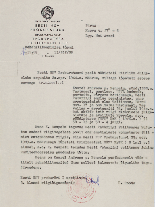 Kaarel Eenpalu rehabiliteeriti 1989. aastal, sest ta polnud sooritanud ühtegi kuritegu.