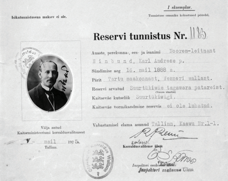 Kaarel Eenpalu poolt täidetud reservimineku tunnistus 1925. aastal.