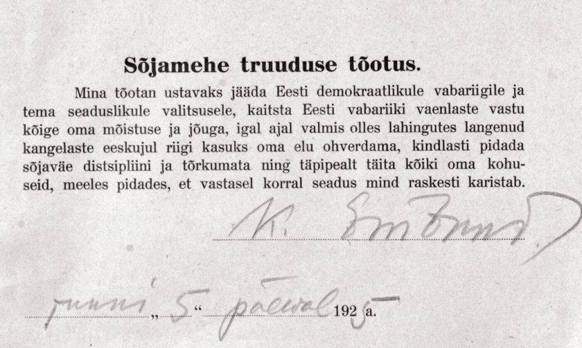 Kaarel Eenpalu poolt allkirjastatud sõjamehe truuduse tõotus.