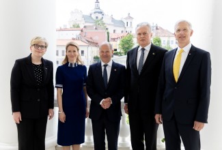 Eesti peaminister Kaja Kallase, Leedu president Gitanas Nausėda, Läti peaminister Krišjānis Kariņši ja Saksamaa liidukantsler Olaf Scholzi 7. juunil Vilniuses toimunud kohtumisel 